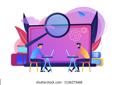 Students with laptops are searchig information in comruter class. Computer lab, academic laboratory, public library or Internet cafe. Modern education and student reserch concept. Vector illustration.