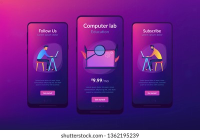 Students with laptops are searching information in comruter class. Academic laboratory landing page. Computer lab, modern education and student research. App interface template.