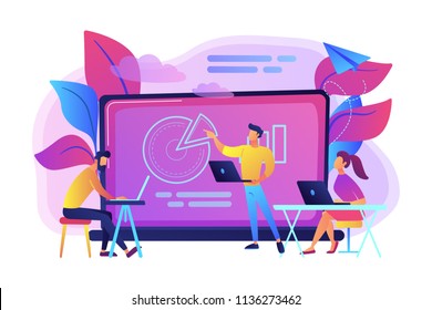 Students with laptops sitting around lector behind interactive board. Digital classroom, flipped class, blended learning and smart classroom. Modern education concept.Vector illustration on background