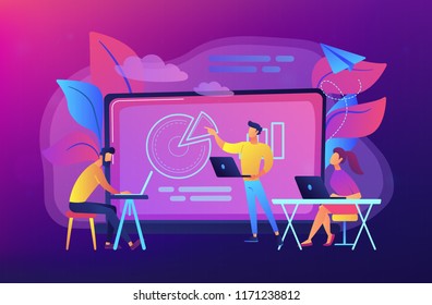 Students with laptops sitting around lector behind interactive board. Digital classroom, flipped class, smart classroom. Modern education concept.Vector illustration on ultraviolet background