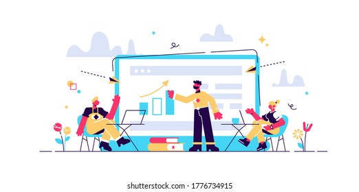 Students with laptops sitting around lector behind interactive board. Digital classroom, flipped class, blended learning and smart classroom. Modern education concept.Living coral blue vector
