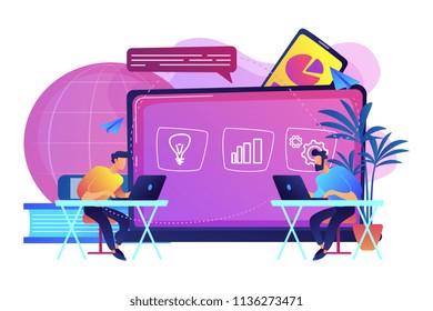 Students with laptops sitting behind interactive board with data. Digital, mobile, e-learning, flipped class, smart classroom. Modern education and virtual learning concept. Vector illustration.