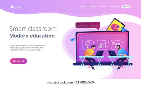 Students with laptops sitting behind interactive board with data. Digital, mobile, e-learning, flipped class, smart classroom. Modern education and virtual learning. Website landing web page template.