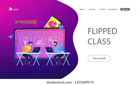Students with laptops sitting behind interactive board with data. Digital, mobile, e-learning, flipped class, smart classroom. Modern education and virtual learning. Website landing web page template.
