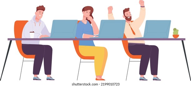 Students with laptops sitting in row. People on lecture isolated on white background