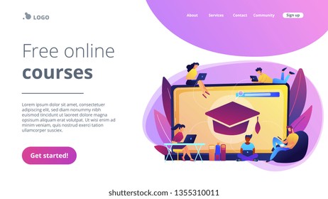 Students with laptops studying and huge laptop with graduation cap. Free online courses, online certificate courses, online business school concept. Website vibrant violet landing web page template.