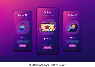 Students with laptops studying and huge laptop with graduation cap. Free online courses, online certificate courses, online business school concept. Mobile UI UX GUI template, app interface wireframe