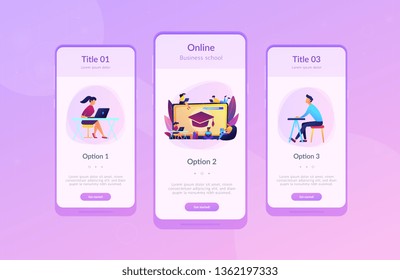 Students with laptops studying and huge laptop with graduation cap. Free online courses, online certificate courses, online business school concept. Mobile UI UX GUI template, app interface wireframe