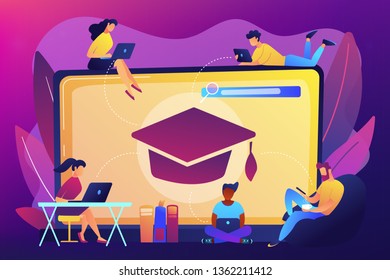 Students with laptops studying and huge laptop with graduation cap. Free online courses, online certificate courses, online business school concept. Bright vibrant violet vector isolated illustration