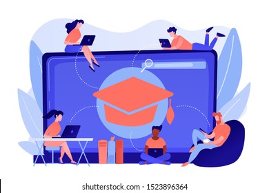 Students with laptops studying and huge laptop with graduation cap. Free online courses, online certificate courses, online business school concept. Pinkish coral bluevector isolated illustration