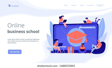 Students with laptops studying and huge laptop with graduation cap. Free online courses, online certificate courses, online business school concept. Website vibrant violet landing web page template.