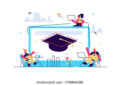 Students with laptops studying and huge laptop with graduation cap. Free online courses, online certificate courses, online business school concept. Pinkish coral bluevector isolated illustration