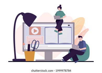 Students with laptops watching video tutorials or reading e-books. Man and woman get education online. E-learning and remote studying. Workplace interior design. Trendy flat vector illustration