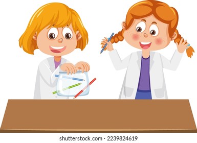 Students with leak proof bag science experiment illustration