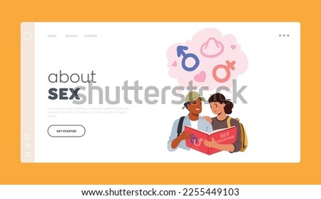 Students Learn About Sex Landing Page Template. Girl and Boy Reading Book Related to Sex Education. Young Characters Learning Male and Female Reproductive System. Cartoon People Vector Illustration