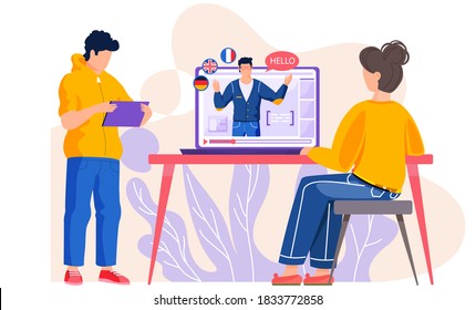 Students learn a foreign language. English lesson on the screen of a computer. Learn English online. Personal teacher. Online school. Webinar and online education. Modern technology vocabulary