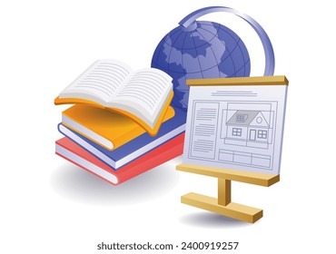 Studierende lernen häusliches Design in der Schule, flach isometrische Illustration