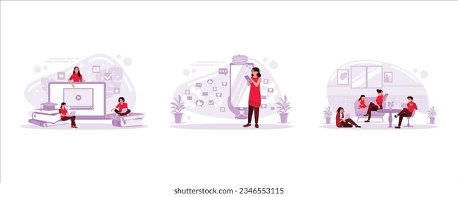 Students learn online that women's hands are tied to chains with cell phones, and everyone uses digital devices. Internet Addiction concept. Set Trend Modern vector flat illustration