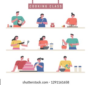 Students learn various dishes in cooking class. flat design vector graphic style concept illustration.