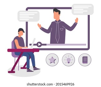 Students learn in a virtual class with a teacher, Webinar learning, or conference online design concept.