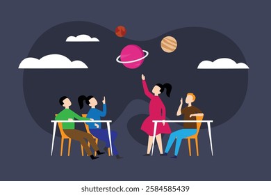 Students Learning About Space and Planets in an Interactive Classroom 2d flat vector illustrations