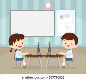 students learning with computer in classroom.