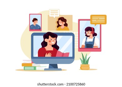 Students learning and discussing with online teacher Illustration concept. Flat illustration isolated on white background