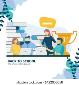 students learning electronic studying by internet. Flat design concept