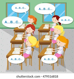 Students learning English in classroom illustration