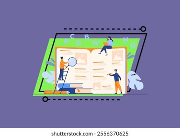 Students learning foreign language with vocabulary. Tiny people reading grammar book. Flat vector illustration for abc book, literature class, knowledge concept