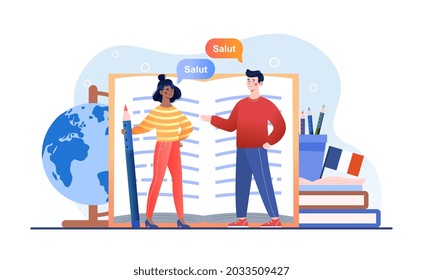 Students learning french language online. Tiny people standing on table before open book, back to school. Flat illustration cartoon vector concept web banner design isolated on white background