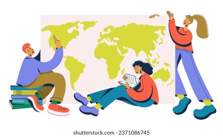 Studenten lernen Geografie, erforschen Weltkarte, lesen Buch im Klassenzimmer. Bildungskonzept. Kartographieforschung