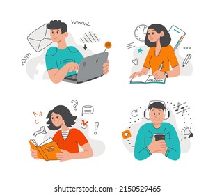 Students are learning. Girls and guys read a book, listen to an online lesson, participate in a webinar, write notes. Vector cartoon flat illustration