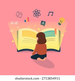 Estudiantes aprendiendo de un libro brillante con símbolos de conocimiento