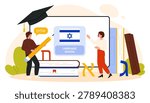 Students learning Hebrew at language school with Israeli flag, books, alphabet letters and graduation cap, modern flat education concept isolated on white background vector illustration. Translation: hello