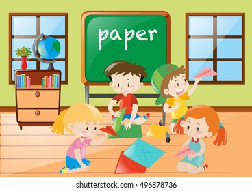 Students learning how to fold airplane paper illustration