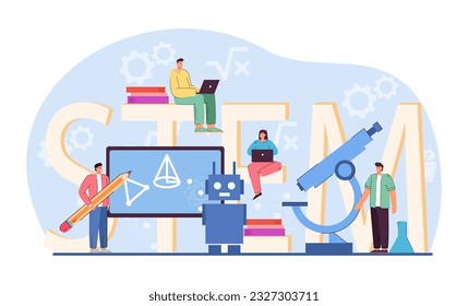 Students learning math and technology vector illustration. Young people using lab equipment, robots and computers to study science, coding and engineering. STEM education, school concept