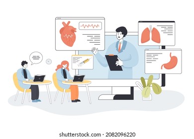 Students Learning Medicine Online On Webinar In Virtual Class. People Training With Doctor On Podcast Lesson Or Lecture Flat Vector Illustration. Web Platform For Medical Education, Healthcare Concept