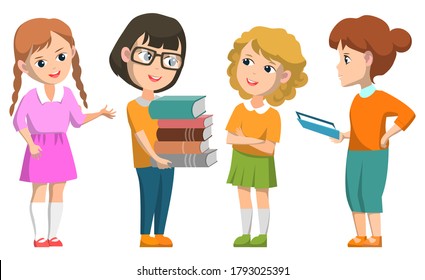 Students learning new disciplines and subjects vector, isolated characters. Education in college, schoolchildren talking and discussing themes, back to school concept. Flat cartoon