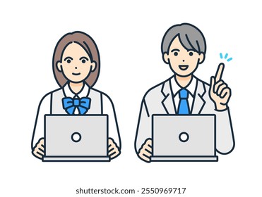 Students learning on computer. Vector illustration set of men and women in uniforms.