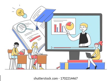 Students learning online course via computer flat vector illustration. Teacher explaining lesson or course on webinar. Digital technology and online education concept