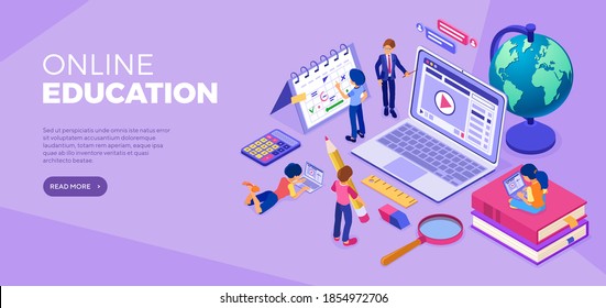 Students learning online from home. Male and female characters sit on books, study on laptops, plan schedule with teacher. Online education concept. Flat isometric vector illustration