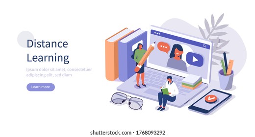 Students Learning Online at Home. People Characters Having Video Call with Teacher on Laptop and Studying with Smartphone. Online Education Concept. Flat Isometric Vector  Illustration.