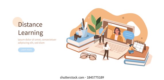 
Students Learning Online at Home. People Characters Having Video Call with Teacher on Laptop and Studying with Exercise Books. Online Education Concept. Flat Isometric Vector  Illustration.