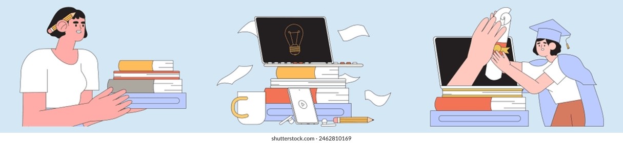 Students learning online remote in university or educational classes. Graduate characters with gown and hat vector illustration. Self-development or training, seminar, webinar or online course concept