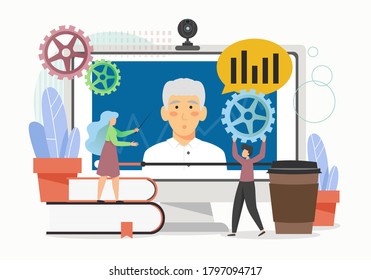Estudiantes aprendiendo en línea con tutor en aula digital, ilustración plana vectorial. Seminario web, seminario web de negocios, formación en vídeo en línea, tutorial virtual, enseñanza a distancia, tecnología de videoconferencia