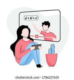 Students in the learning process, Kid sits and learns online using a mobile phone. The teacher explains the learning material. Flat design style