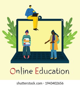 Students in learning process, studying online using his computer flat vector illustration
