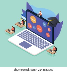 Students learning programming in a class isometric 3d vector illustration concept - Laptop computer with graduation hat