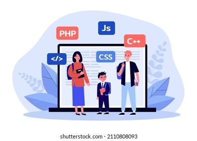 Students learning programming languages. Tiny man, woman and child engineering software code online flat vector illustration. Education, science concept for banner, website design or landing web page